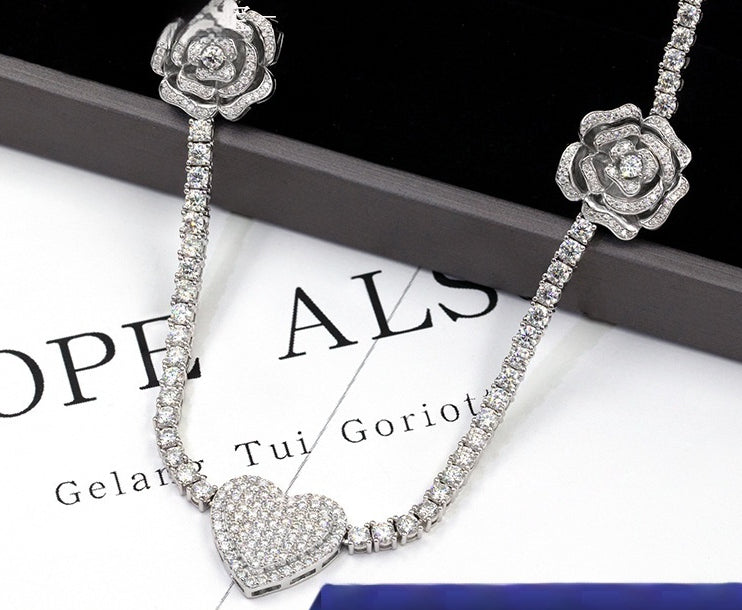 Size: 3MM16 Inch, Color: White Gold Color - 925 Silver Set Moissani Hip-hop Personalized Rose Necklace