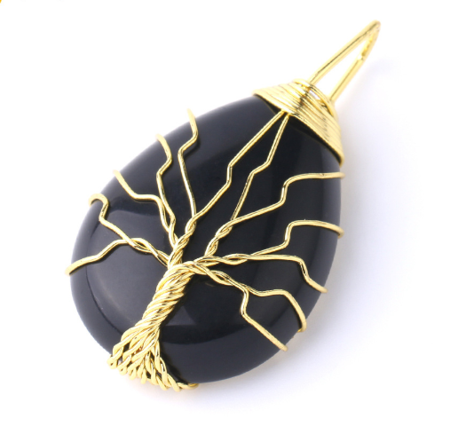 Color: Black gold, Style: Pendant - Natural Stone Pendant Gold Color Wire Wrap Gem