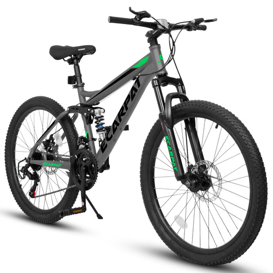 A2660 Mountain Bike 26 Inch Wheels, 21-Speed Full Suspension Mens Womens Trail Commuter City Mountain Bike, Carbon Steel Frame Disc Brakes Thumb Shifter Front Fork Rear Shock Absorber Bicycles