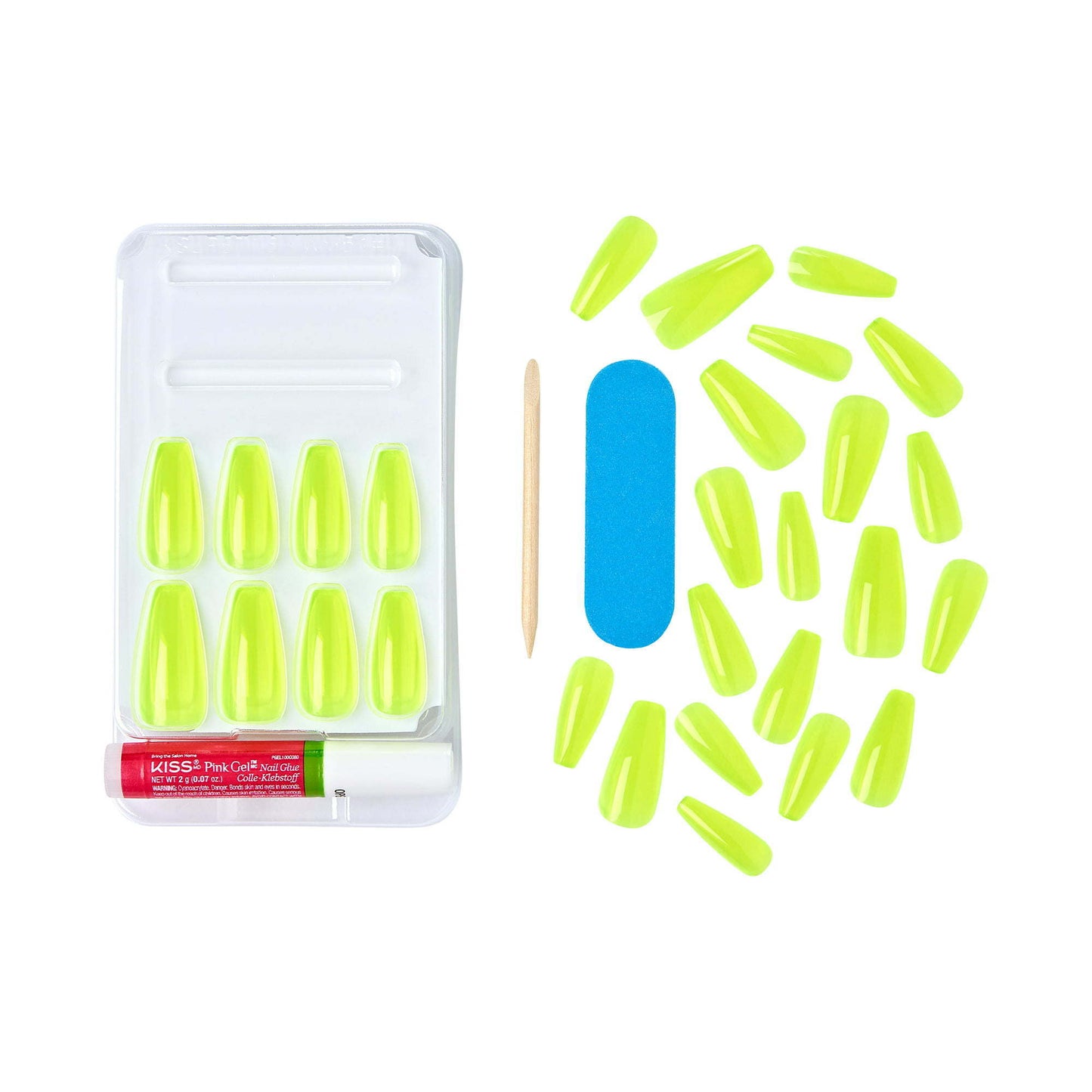 KISS Gel Fantasy Long Coffin Solid Color Glue-On Jelly Nails, Neon Yellow, 28 pieces