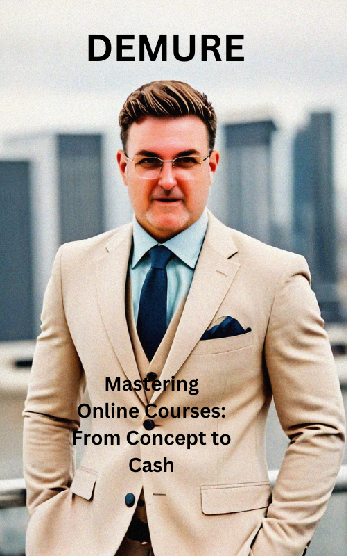 Man in a suit with cityscape background promoting "Mastering Online Courses: From Concept to Cash."