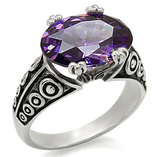 TK017 - High polished (no plating) Stainless Steel Ring with AAA Grade CZ  in Amethyst