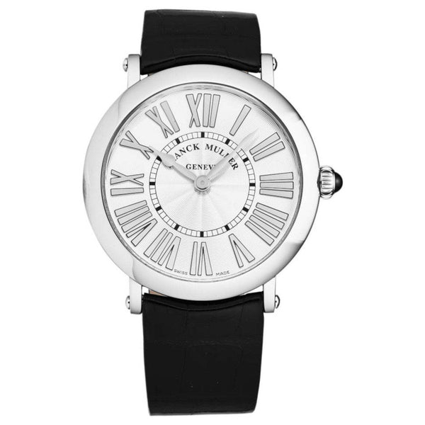 Franck Muller 8041QZRELRACSIL Men's 'Round' Silver Dial Black Leather Strap Swiss Quartz Watch