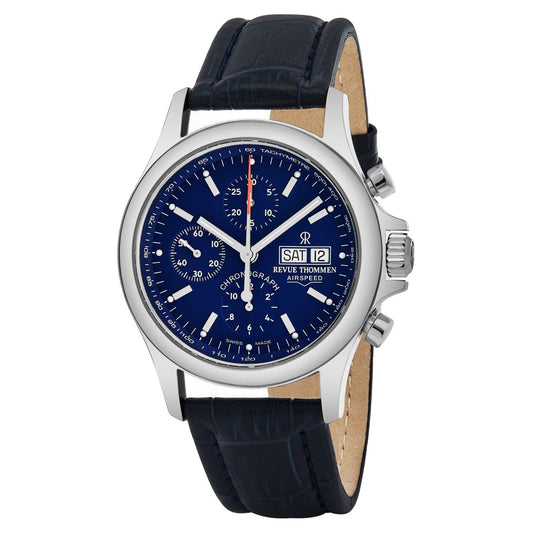 Revue Thommen 17081.6535 'Pilot' Blue Dial Blue Leather Strap Chronograph Swiss Automatic Watch